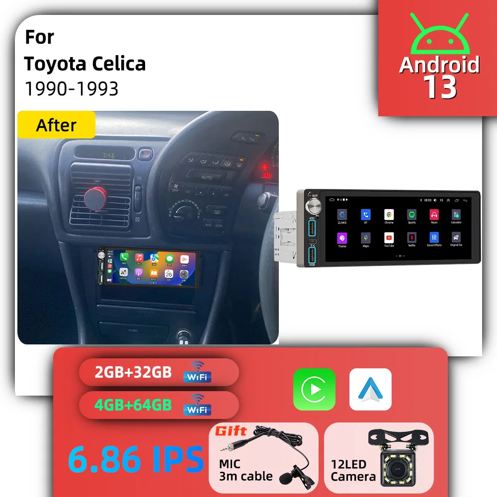 Android 1Din Car Multimedia 6.86 inch Car Stereo Screen for Toyota Celica 1990-1993 Carplay GPS Autoradio Radio Head Unit