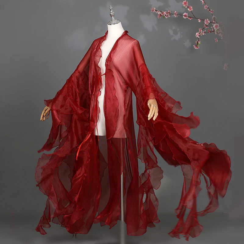 

Великолепное пальто ханьфу, женское элегантное сказочное шифоновое пальто с широкими рукавами и лепестками, плащ, костюм для косплея, древний китайский кардиган