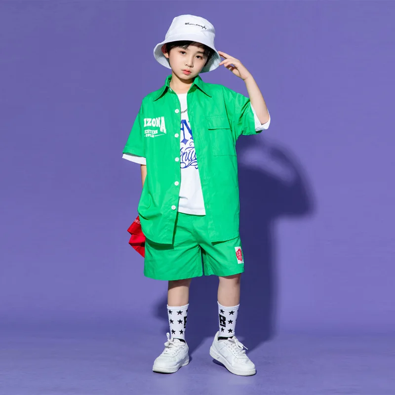 Kid Kpop Hip Hop Clothing Letters Green Shirt Top Wide Casual Street Summer Shorts for Girl Boy Jazz Dance Costume Clothes Set