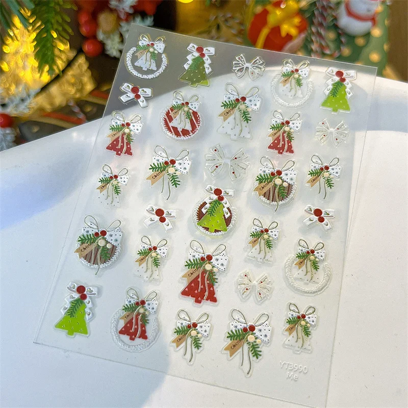 Pequeño y fresco árbol de Navidad, cinta con lazo, pegatinas para uñas en relieve 5D, bonitas calcomanías para uñas, regalos de decoración para manicura navideña DIY