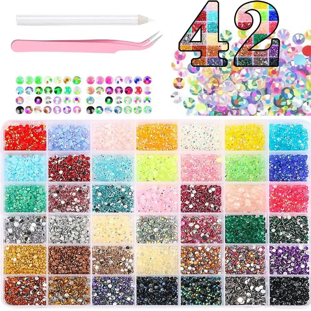 42 Girds 3D Fingernail Rhinestones 3D Glass Multicolor Glitter Nail Jewelry Resin Flatback Nail Art Rhinestones Kit