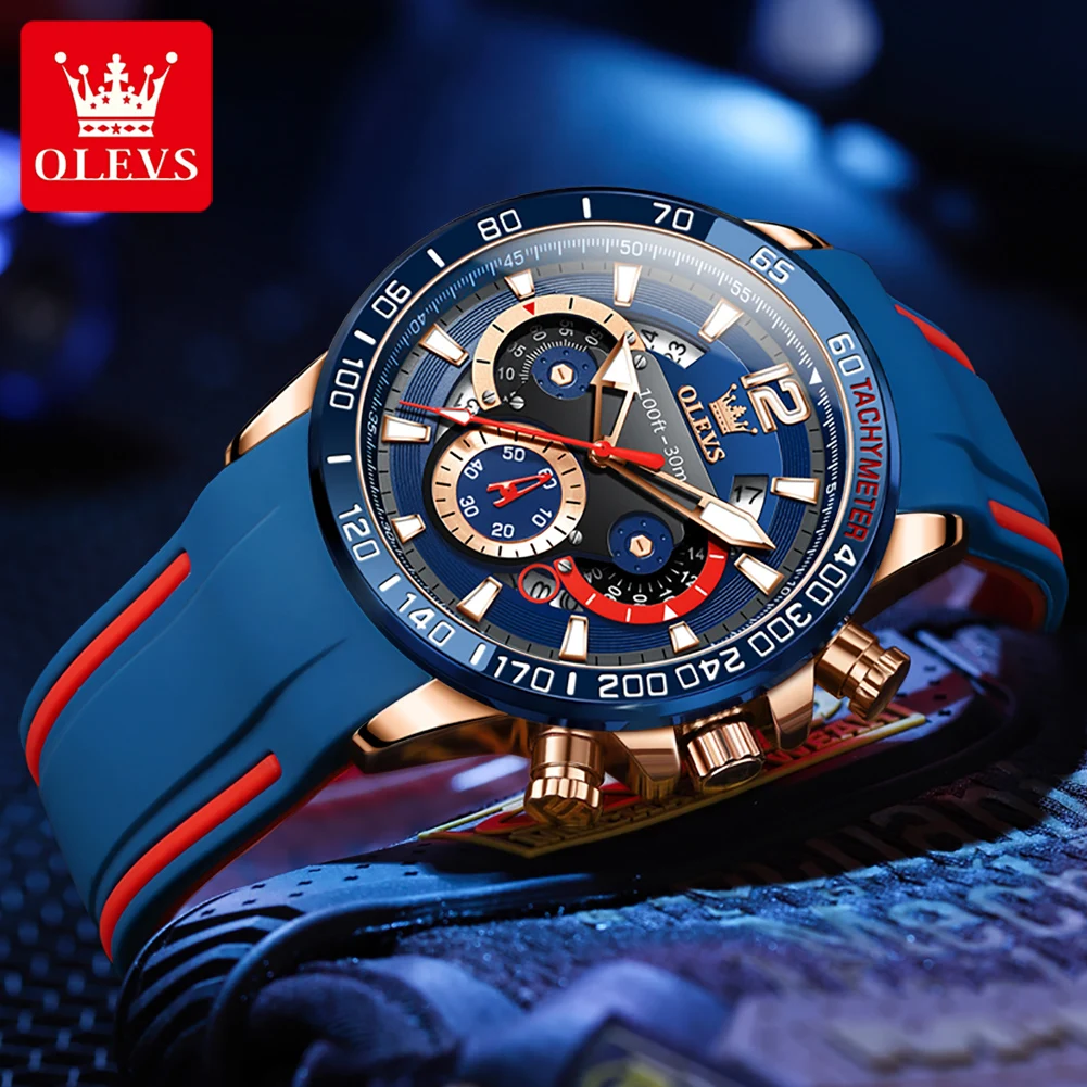 OLVES Sport Silicone Strap Blue Quartz Watch for Men Waterproof Luminous Calendar Chronograph Wristwatches Relogio Masculino