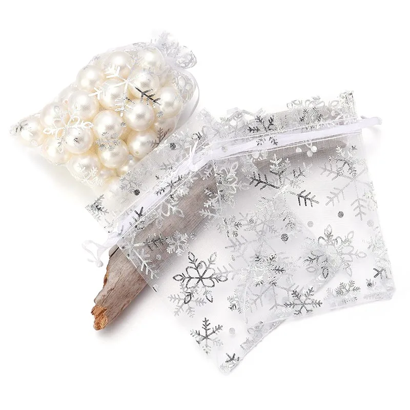 10pcs Snowflakes Print Organza Bags Sheer Gauze Bags Candy Jewelry Gift Packaging Wedding candy Christmas Party Drawstring Bag