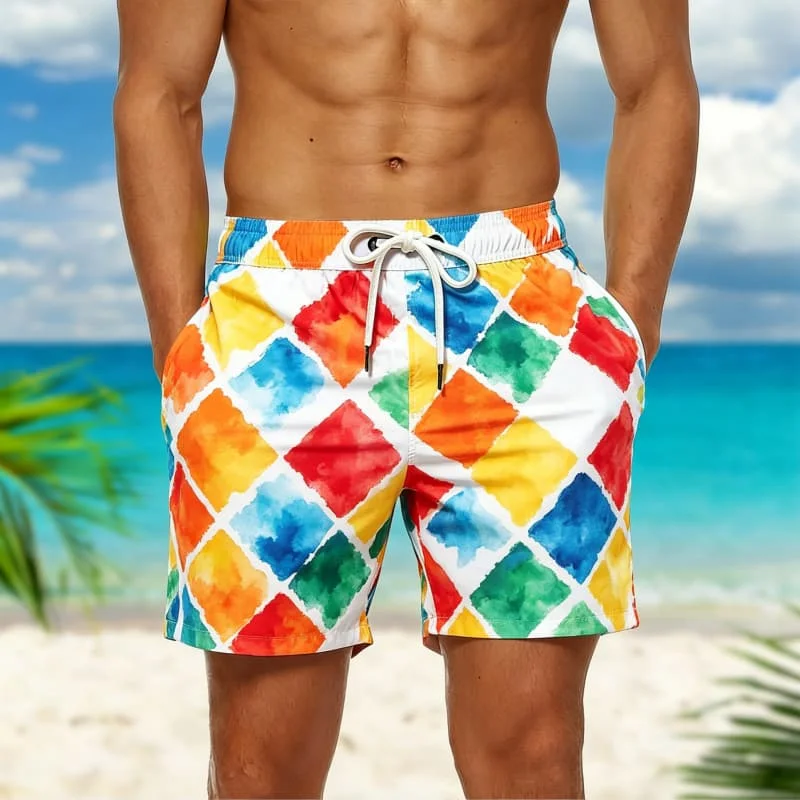 

Men's Watercolor Geometric Print Casual Shorts ，for Themed Events, Outdoor Activities, Casual Strolls & Vibrant Everyday Wear