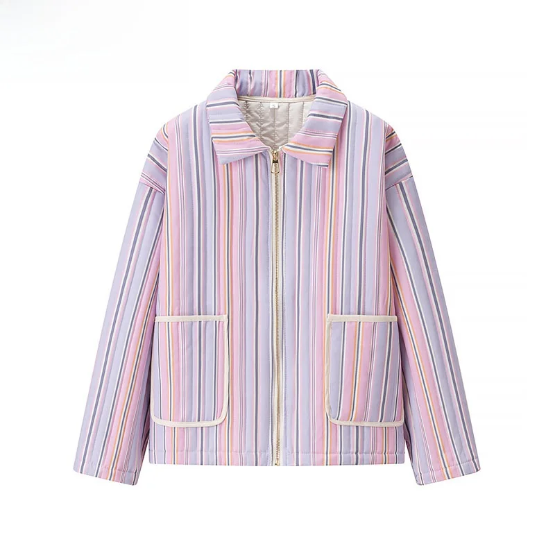 

ZBZR модная полосатая хлопковая куртка, женская базовая верхняя одежда, Новое осеннее поступление, застежка-молния из полиэфирного волокна