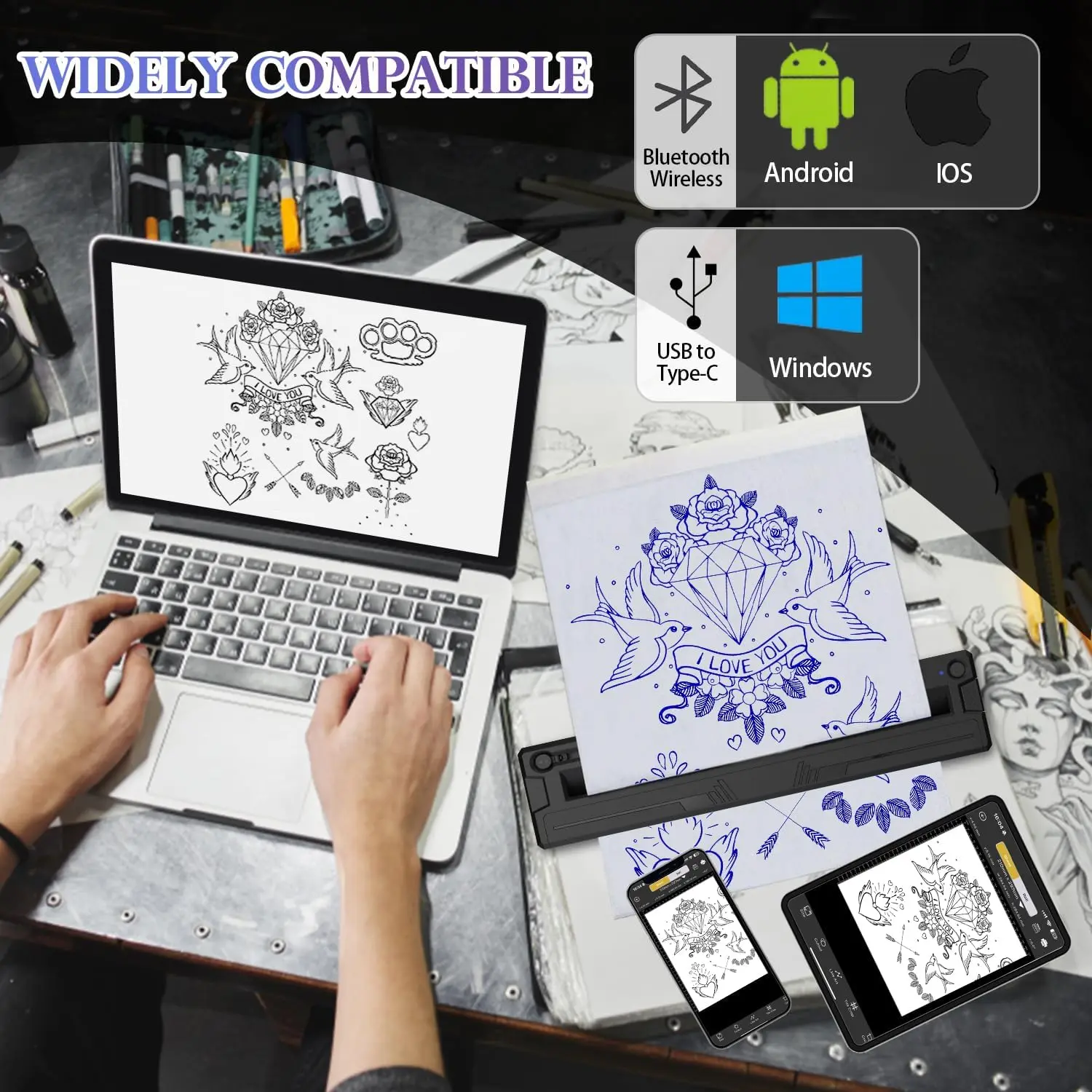 Beginners&Tattooists Wireless Thermal Tattoo Printer Portable Bluetooth Mini Tattoo Stencil Printer Works for Phone/Tablet/PC