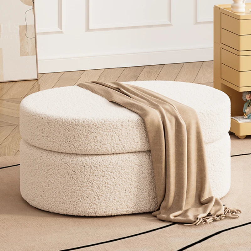 Sherpa Sofa Ottoman  Cream Style End-of-Bed Storage Stool  Easy-Open Seat Bench  Wide Shoe Changing Bench