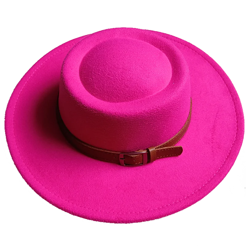 Wholesale price fedora hat winter round convex flat top belt accessories rose red felt jazz hat for men and women fedora gorras