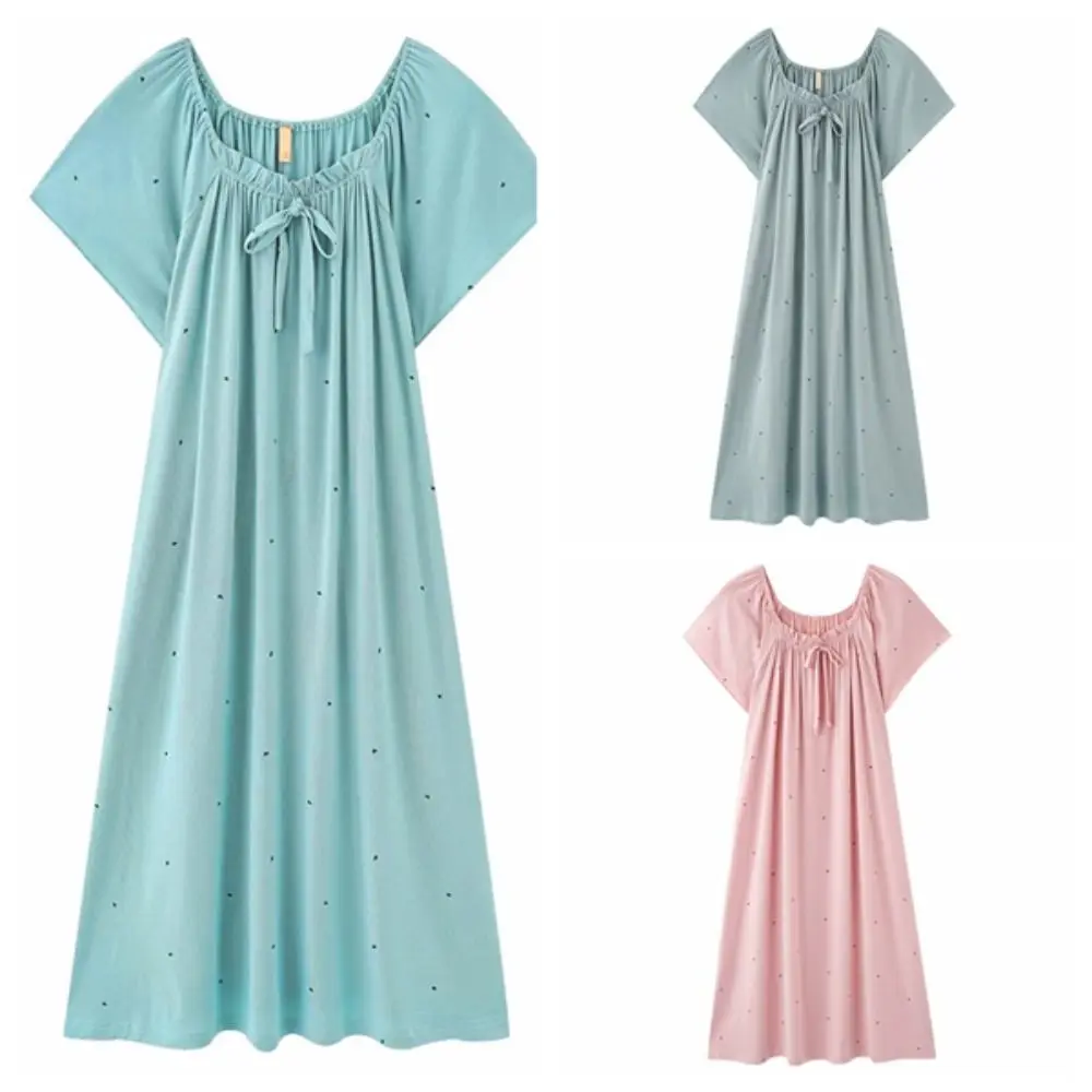 Casual Modal Women's Pajama Dress Loose Home Wear Dot Ruffle Nightdress Sleepwear Short Sleeve Lace Up Nightgown Girls