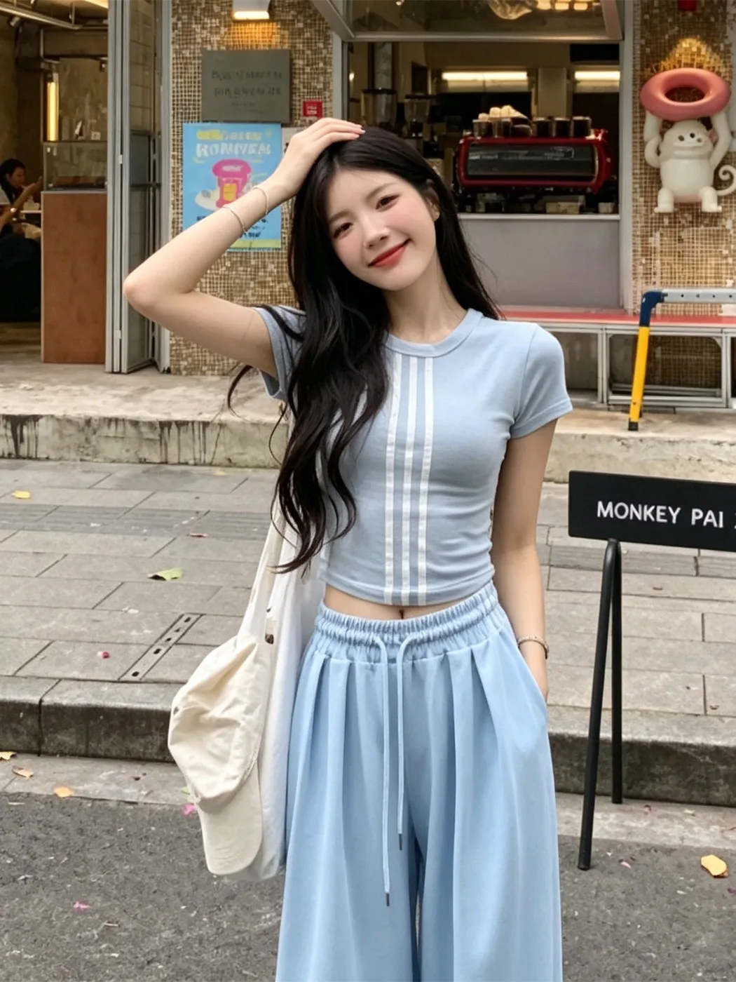 

Korean Loose Sporty Striped Short Sleeve T-Shirt Wide Leg Pants Women's Summer Fashion Casual Set Breathable High Waist round...