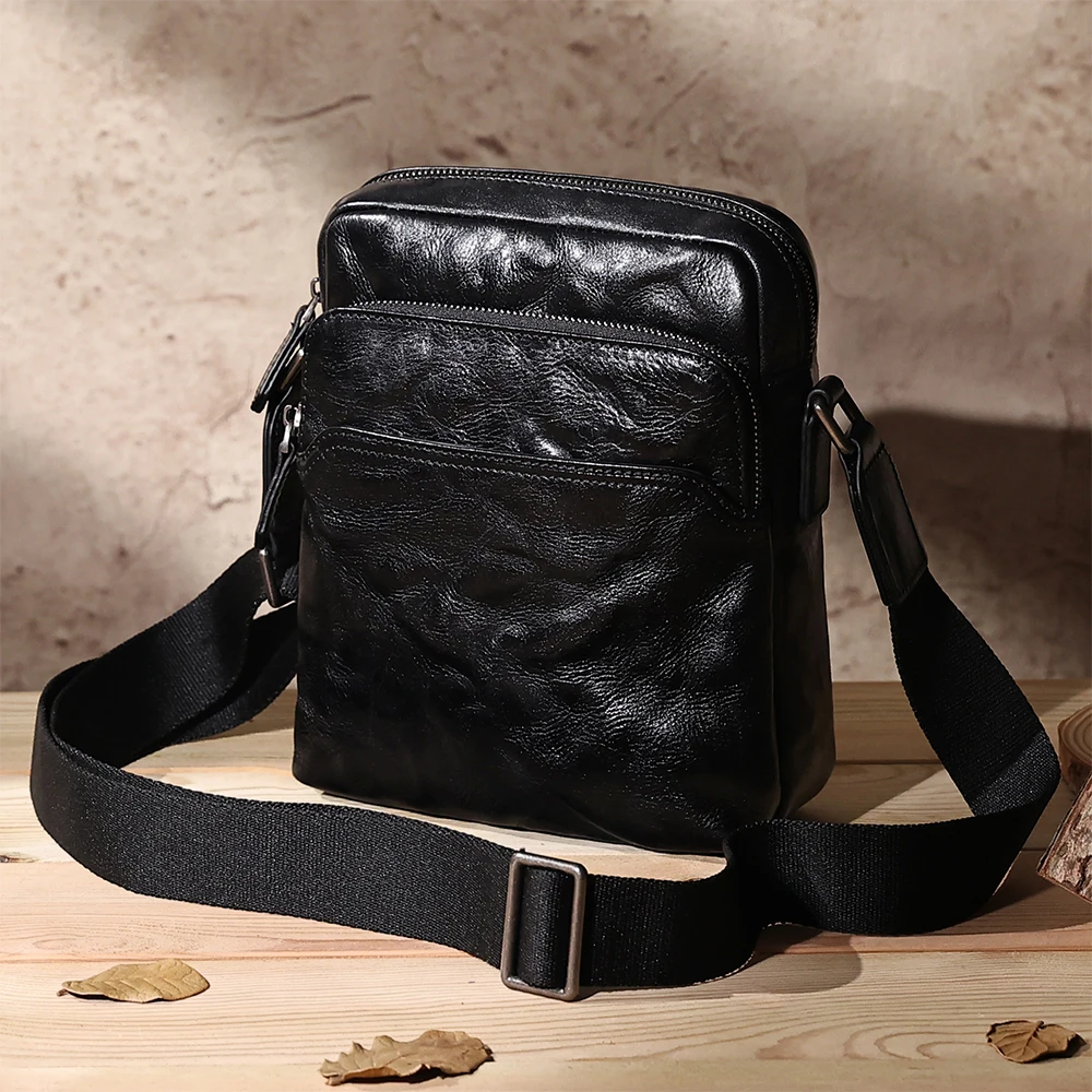 Bolsa de ombro masculina de couro curtido vintage casual pequena bolsa de ombro de couro genuíno funcional bolsa crossbody masculina