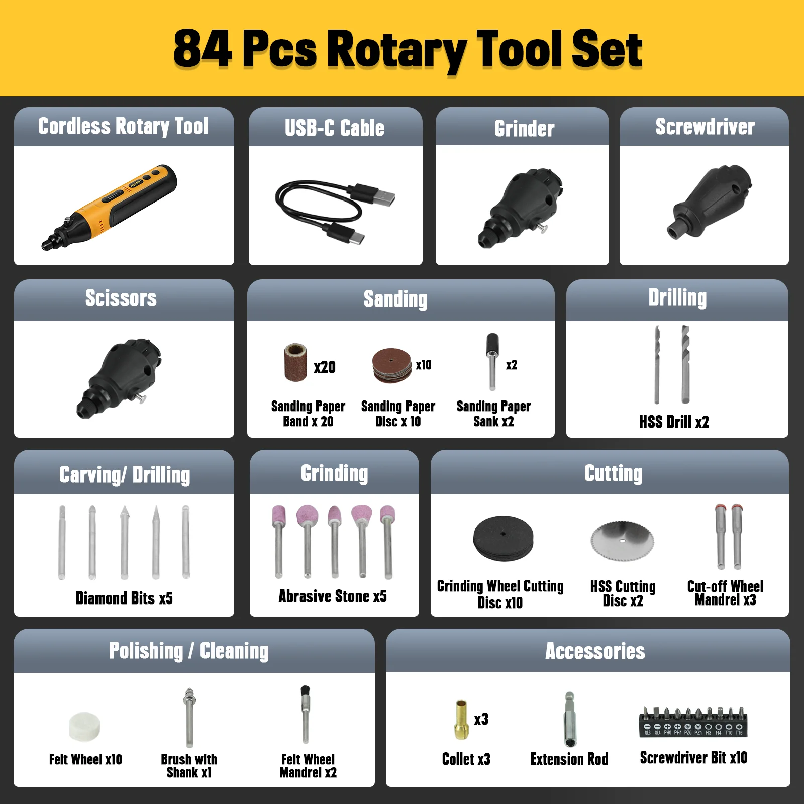 Mini Kit de herramientas rotativas inalámbricas, herramientas de tallado multiusos, 18.000 RPM, 5 velocidades y carga USB con 84 accesorios para PC