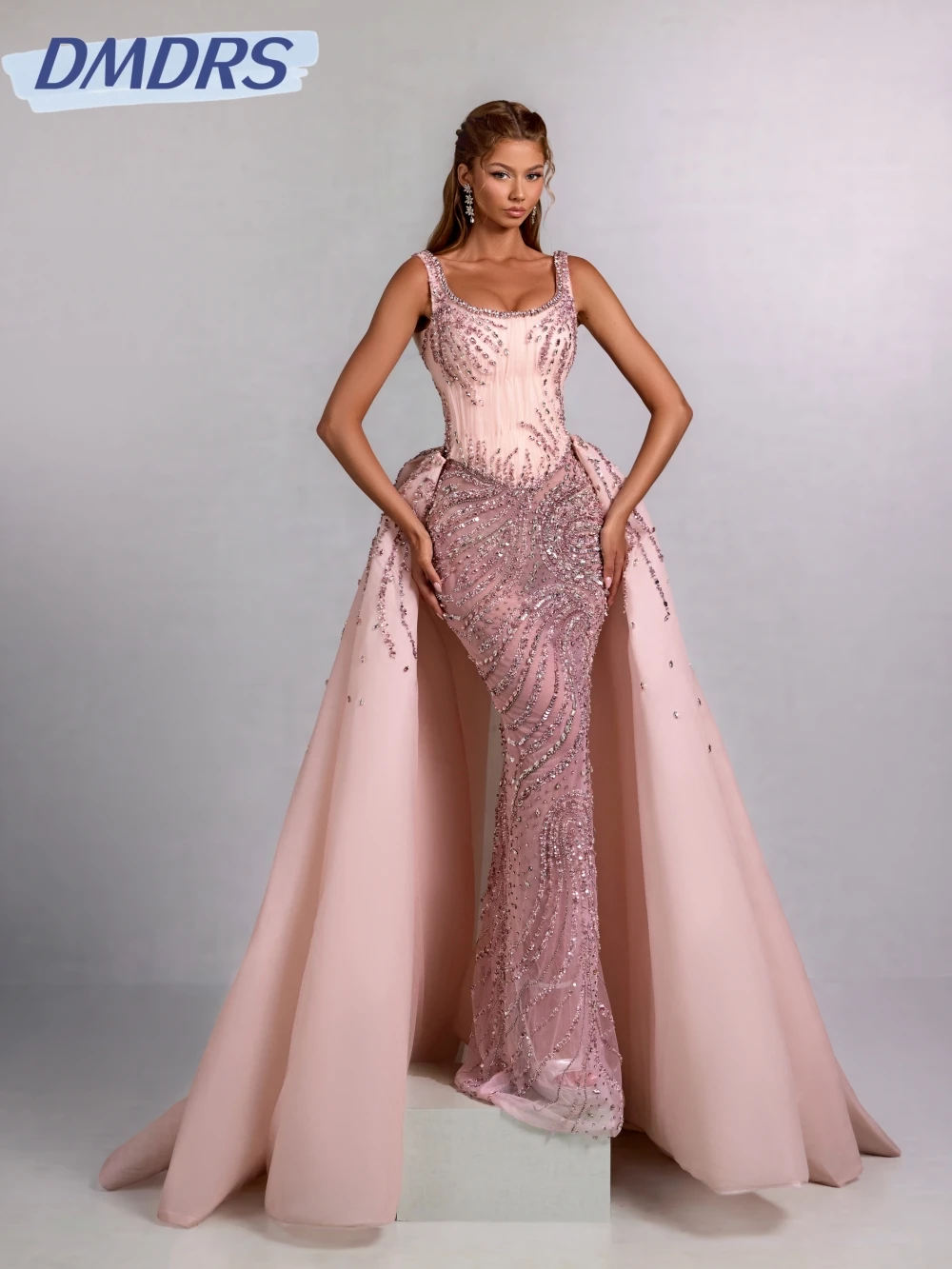 

Detachable Train Pink Beaded Mermaid Long Evening Dress Elegant Strapless Wedding Party Gown Customized Illusion Prom Dress