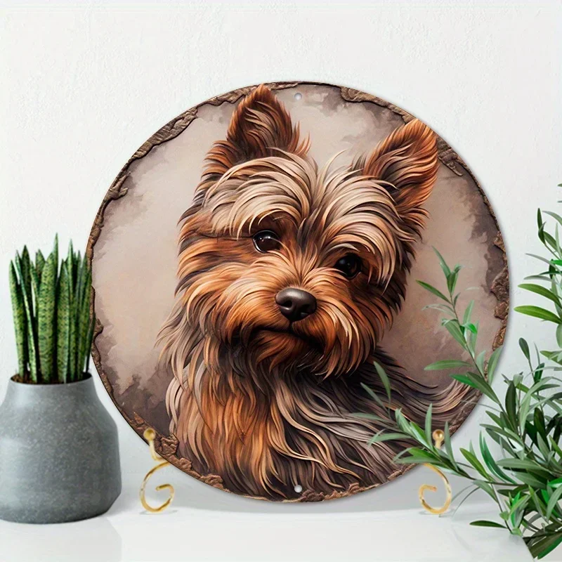 Aluminum Metal Sign Bronze Sculpture Of Yorkie Terrier On A Circular Plate, Three-dimensional Effect, Wall Home Decoration