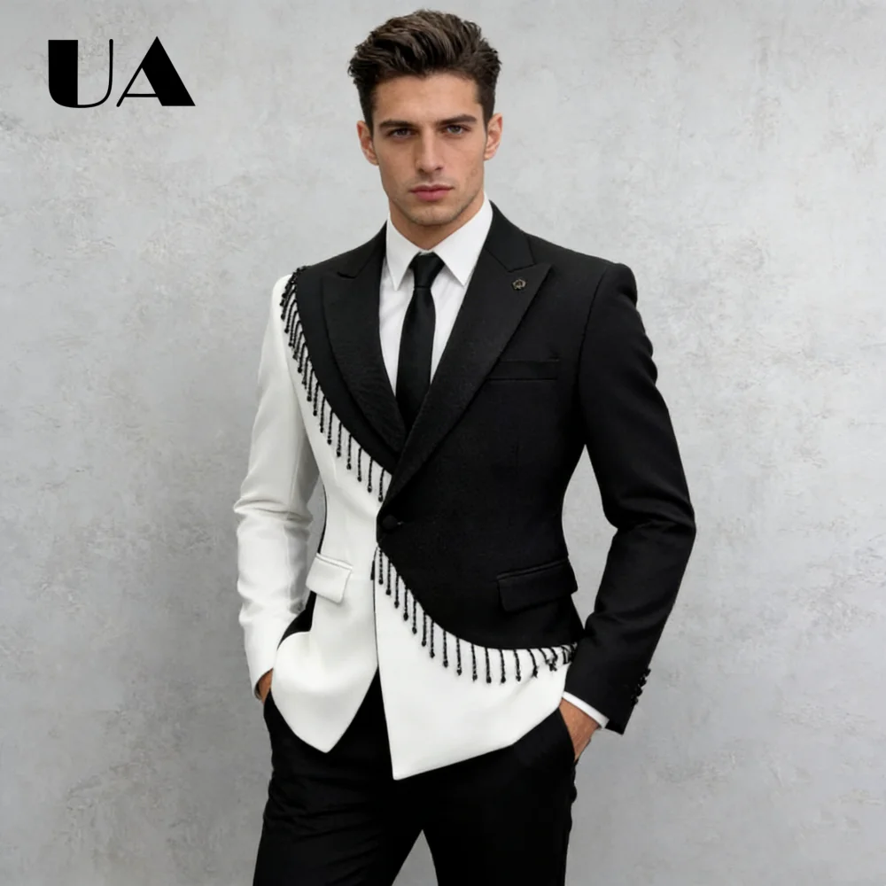 

Мужской костюм-двойка с контрастной бахромой: пиджак и брюки, асимметричный пик-лапель, в стиле ретро-рокабилли, для тематических вечеринок, смелый образ