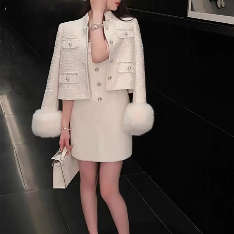 Autumn Winter Jacket New Heavy Industry Sequined White Woolen Coat Women Thick Woolen Feather Fur Jacket