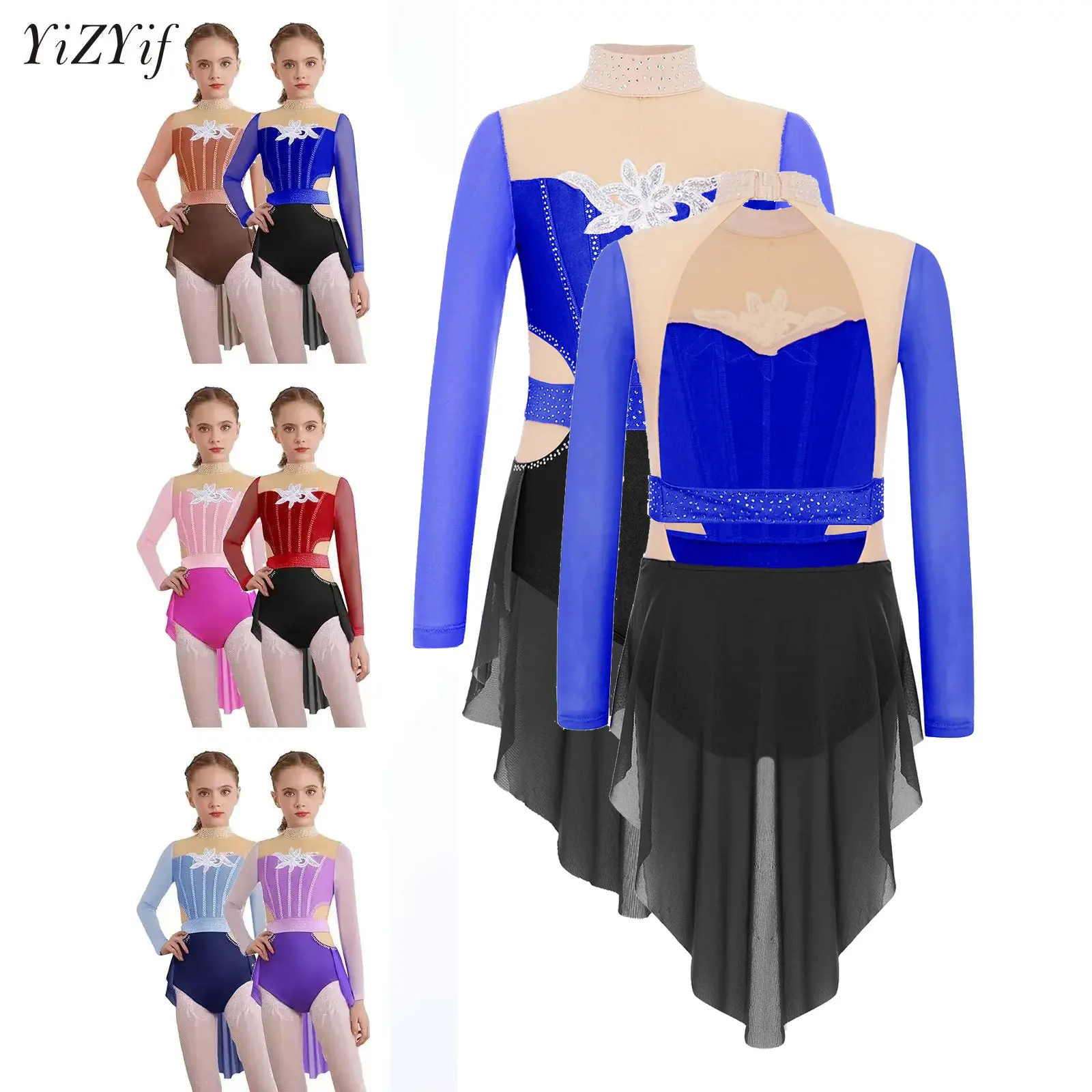 

Girls Figure Skating Leotard Dress Gymnastics Bodysuits Rhinestones Mesh Overlay Skirted Leotards Modern Lyrical Dance Costumes