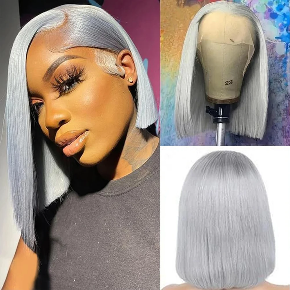 

Grey Colored Lace Front Wigs Human Hair Short Bob Glueless Wigs Human Hair Straight Human Hair Wigs