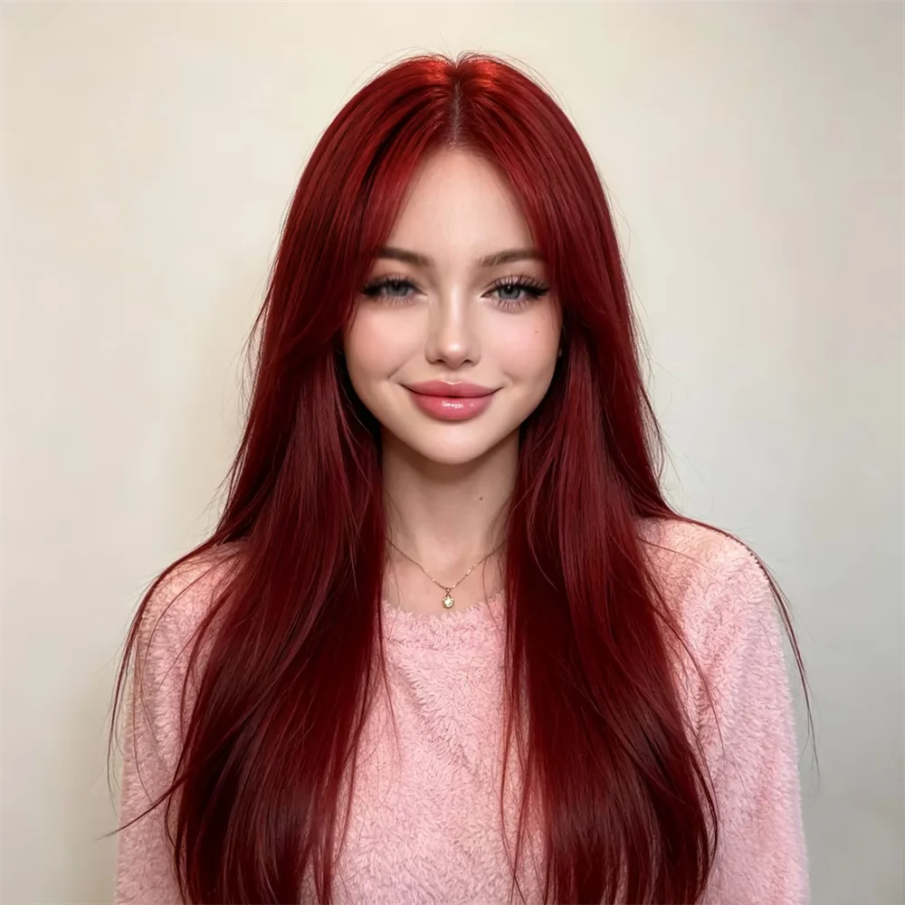 

26Inch Soft Long 99j silky Straight Free Part 13x4HD Lace Front Wig For Women With Baby Hair Synthetic Preplucked Glueless Daily