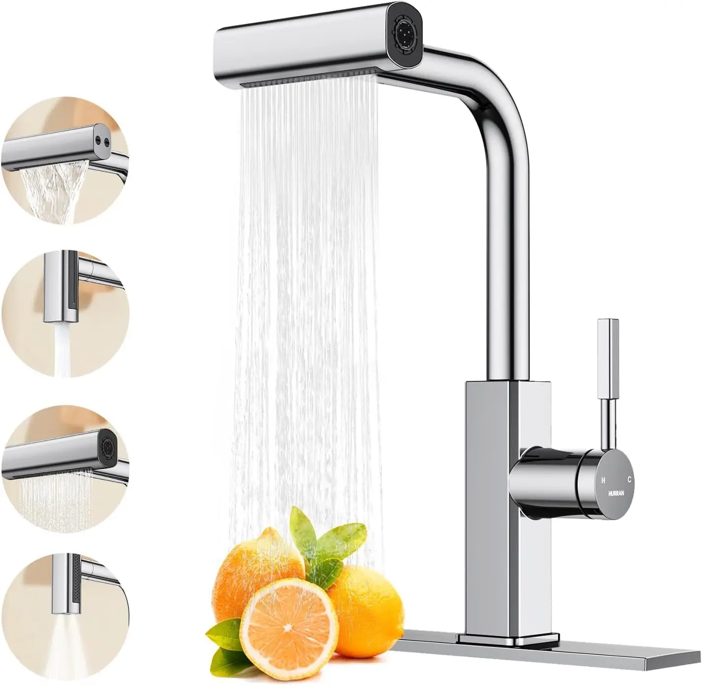 

Waterfall Kitchen Faucet with Pull Down Sprayer, Stainless Steel Kitchen Sink Faucet with 4 Modes(Sweep/Stream/Waterfall/