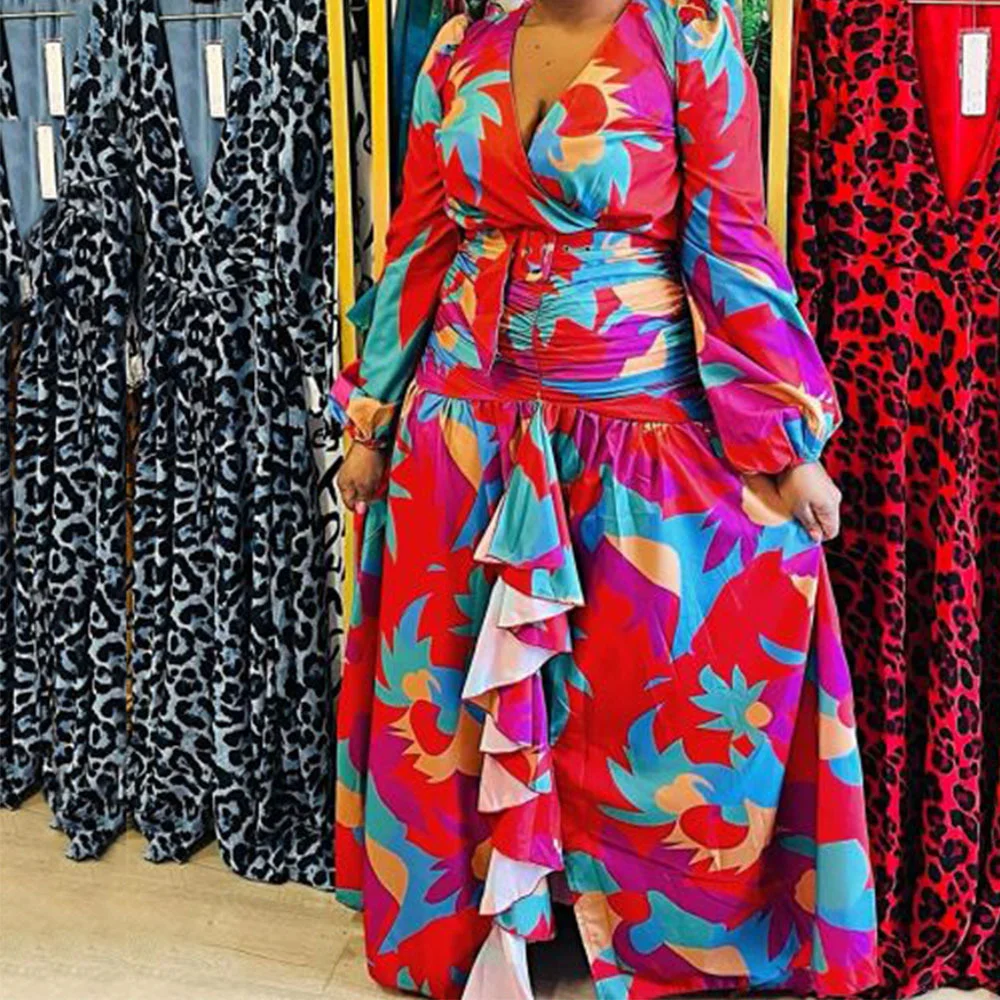 Fashion Elegant Female Clothes 2023 Spring New Women\'s Print Deep V Split Slim Fit Long Dress Long Sleeve Plus Size Robe