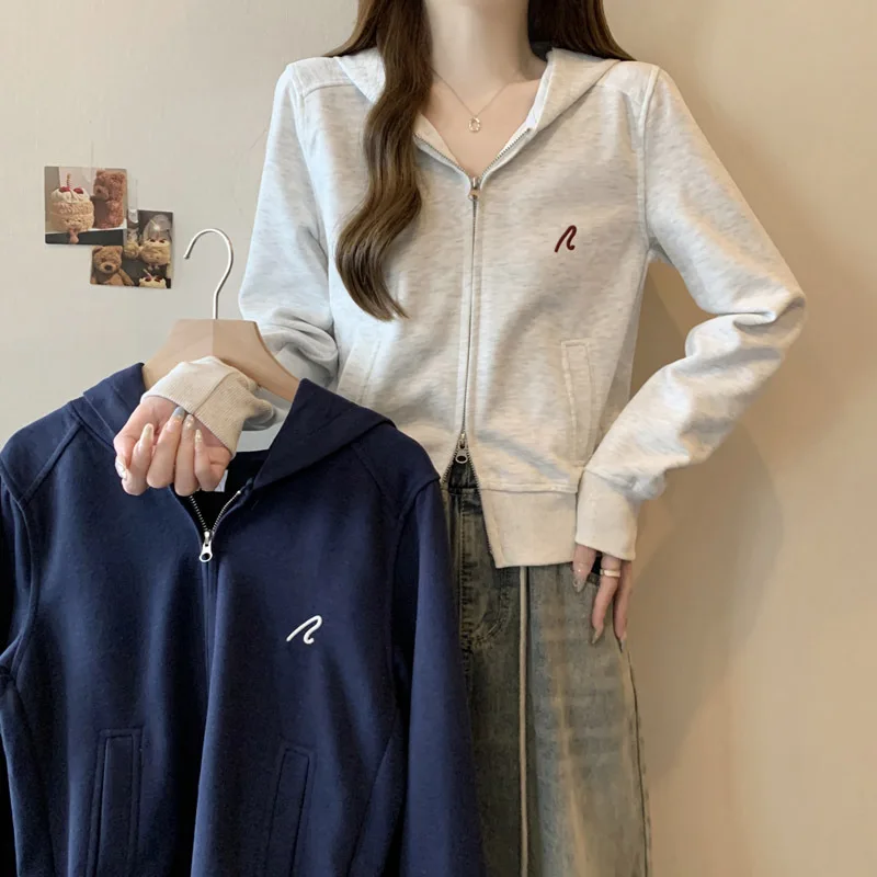 

European American Embroidered Zipper Cardigan Hoodie Women's Spring Autumn Thin Short Tailored Cut Top Coat Female Clothing