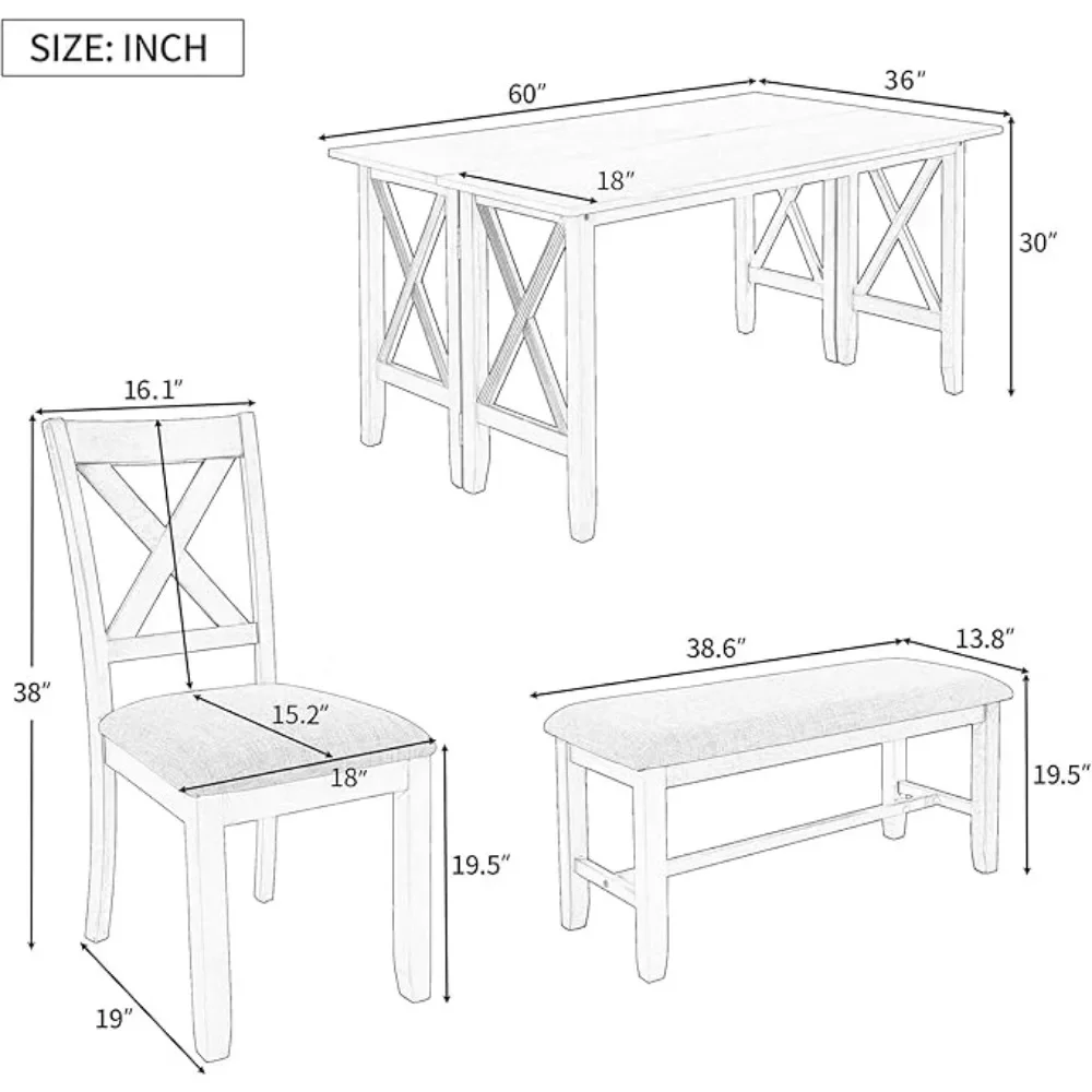 Conjunto de mesa de jantar de 6 peças, mesa retangular de madeira e 4 cadeiras com banco com almofada, conjunto de cadeiras de mesa de cozinha para 6 pessoas