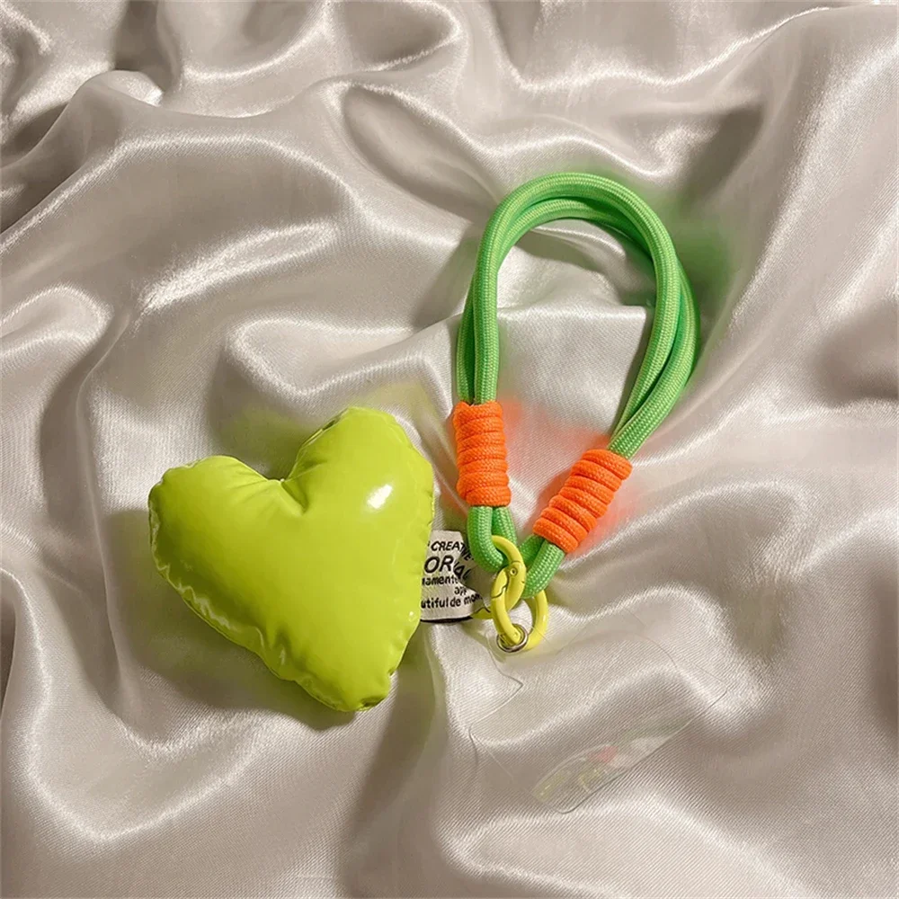 Korean Glossy Puff Love Heart Lanyard Key Chain Rings Phone Strap Mesh Landyard Bag Braided Strips Keycord Hanging Trousers