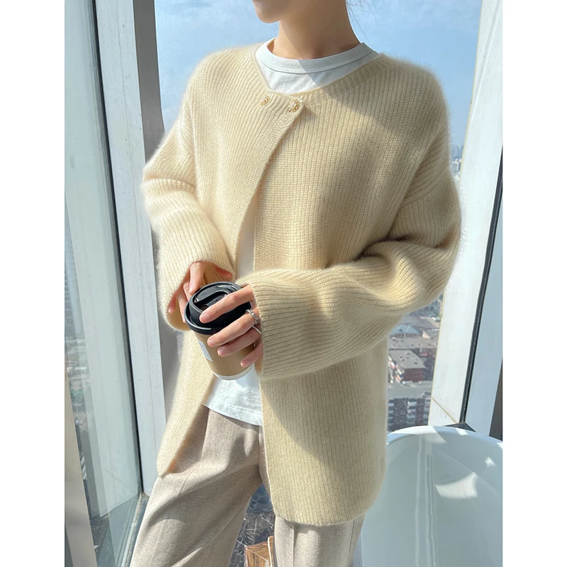 

French Fashion Wool Cardigan Women's Autumn/Winter Thickening Warm And Soft Solid Color Luxury 100%Merino Wool Knitted Sweater