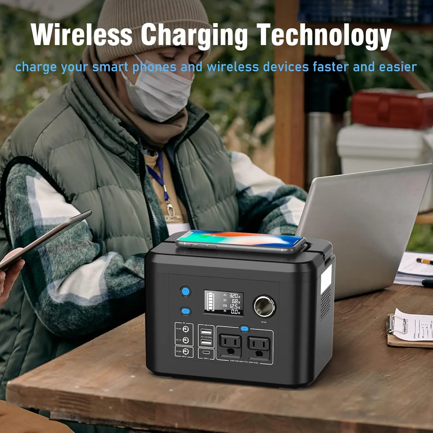 Powkey محطة طاقة محمولة 350 وات 260 وات/70000 مللي أمبير في الساعة بطارية ليثيوم احتياطية، بنك طاقة بموجة جيبية نقية 110 فولت للتخييم في الهواء الطلق