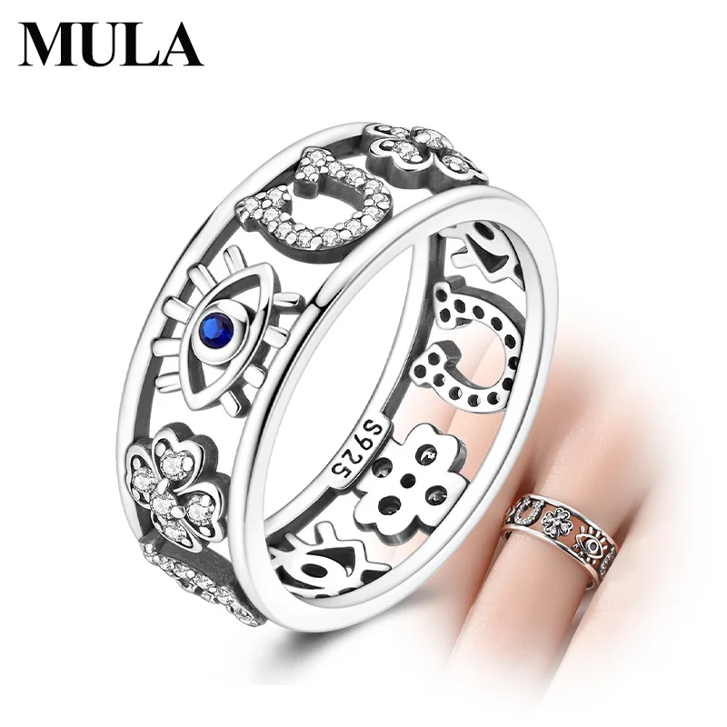 MULA 925 Sterling Silver Wedding Band Ring Four-leaf Clover Horseshoe Eye Ring For Women Lady High Quality Fashion Jewelry Gift