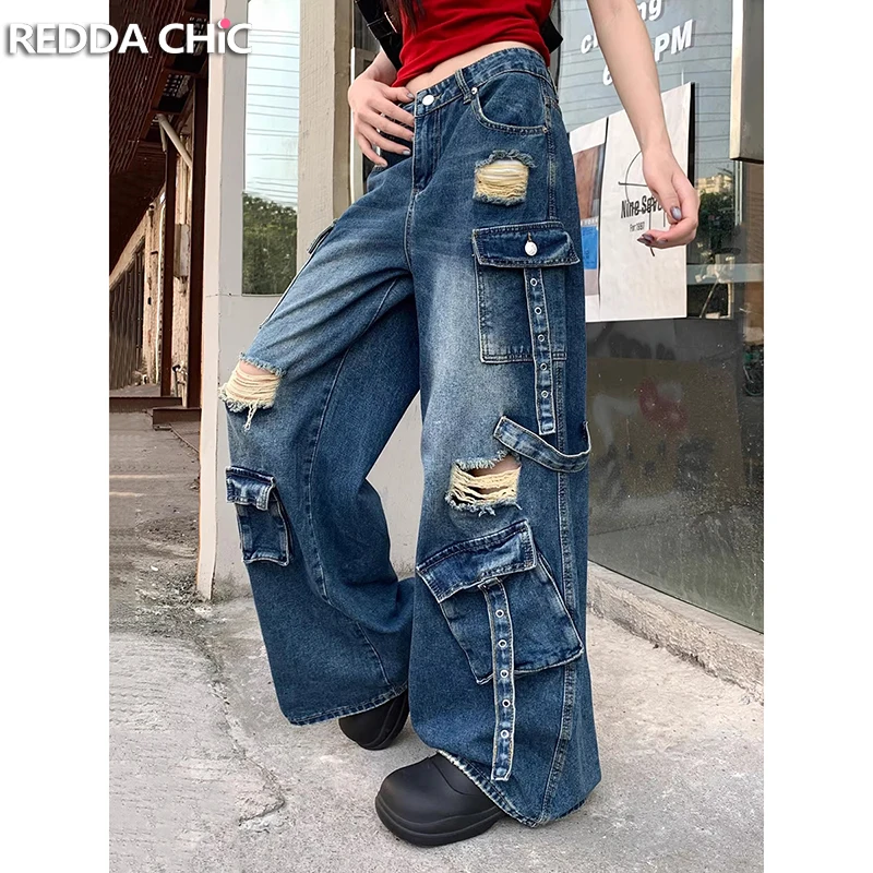 

ReddaChic разрушенные джинсовые брюки-карго женские винтажные свободные брюки с низкой посадкой и несколькими карманами широкие прямые джинсы уличная одежда в стиле панк