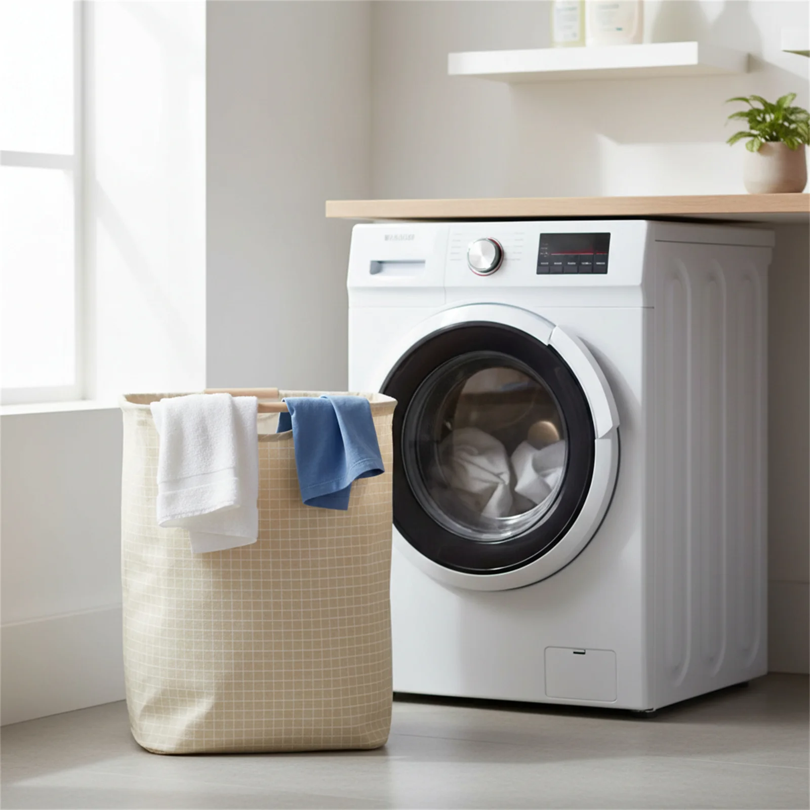 折りたたみ式コットンリネンランドリーバスケット、木製ハンドル付き、防水収納ハンパー、家庭用寝室、浴室用