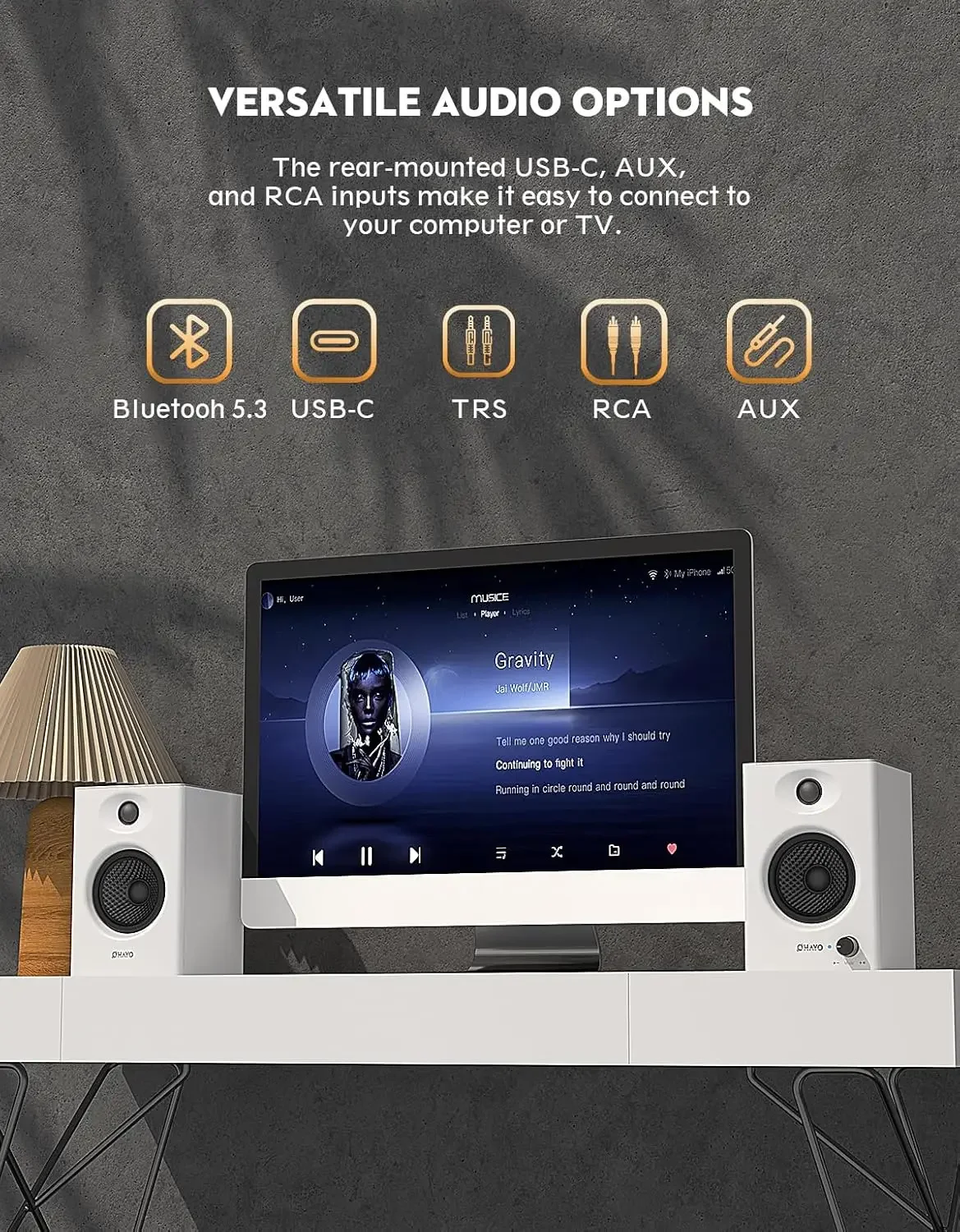 OHAYO 60W Active Bookshelf Speakers with Glass Fiber Unit, Bluetooth 5.3 & Multi-Input (USB/RCA/AUX) - for Immersive PC Gaming view 5