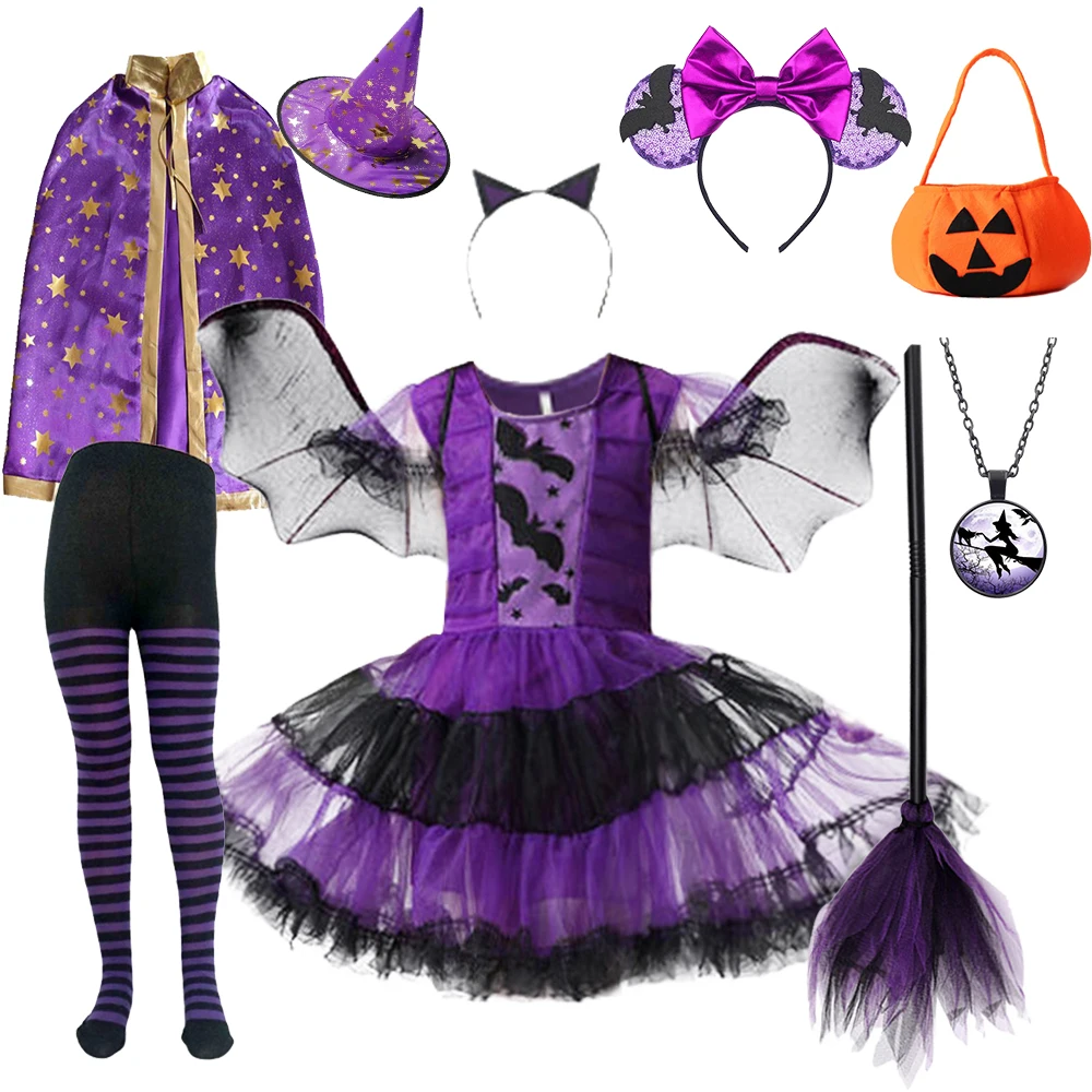 Halloween Girls Purple Bat Costume with Wings Headwear Disguise Orange Witch Dress Up for Girls Evening Party Vampires Costume