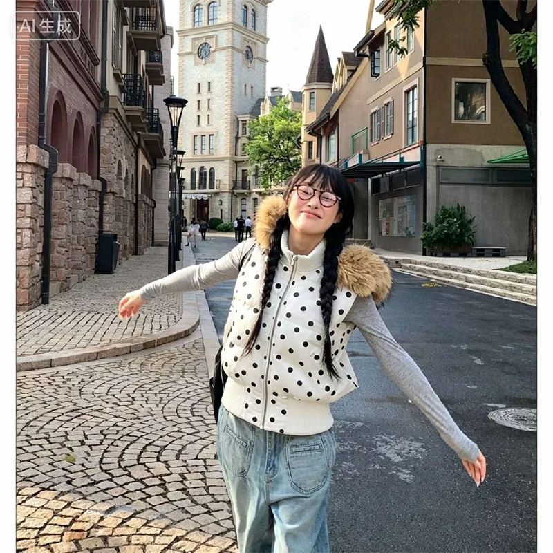 Harajuku Gothic Polka Dot Vest Jacket Fur Collar Hooded Women Fall Winter Casual Sleeveless Y2K Cotton Padded Quilted Coat Жилет