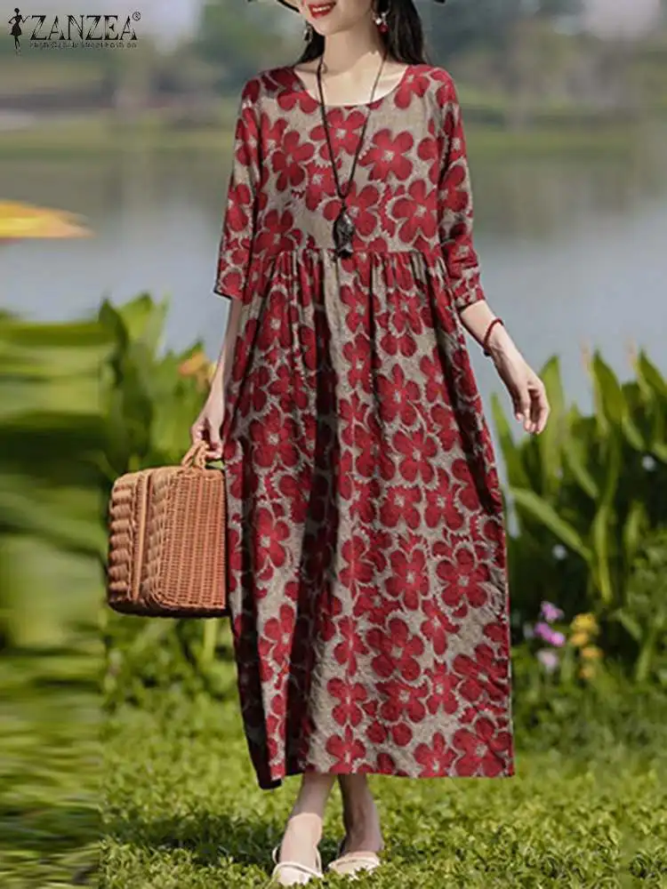 

ZANZEA Fashion Floral Printed Dress Long Sleeve O-Neck Maxi Robe Autumn Casual Holiday Sundress Woman Elegant Loose Vestido 2023