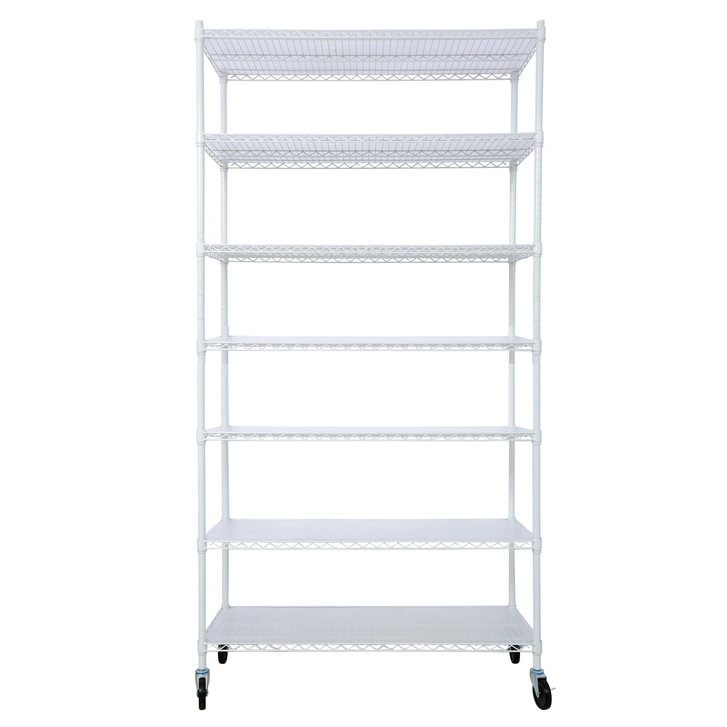 7 Tier Metal Shelf Wire Shelving Unit, Heavy Duty Adjustable Storage Rack with Wheels & Shelf Liners - White 81.5