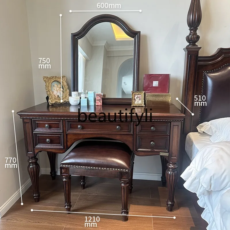 All Solid Wood Makeup Table Dressing Table Light Luxury High-end Feel Desk with Makeup Mirror Stool