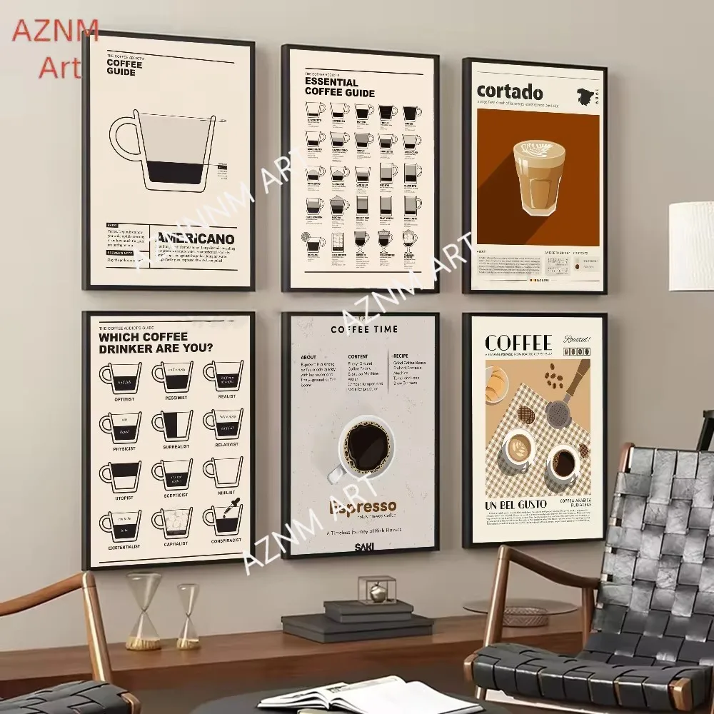 1pc Coffee Guide Espresso Americano Quotes Poster Self-adhesive Art Waterproof Paper Sticker Coffee House Bar Room Wall Decor