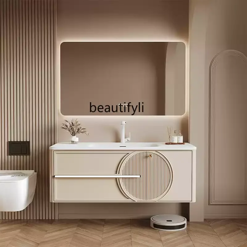 

New, Corian rock slab seamless integrated wash basin rubber wood paint light luxury bathroom cabinet