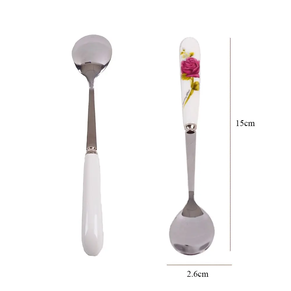 Long Handle Ceramics Spoon Ice Cream Dessert Teaspoon Rose Flowers Stainless Steel Mini Coffee Spoon Kitchen Tea Spoon