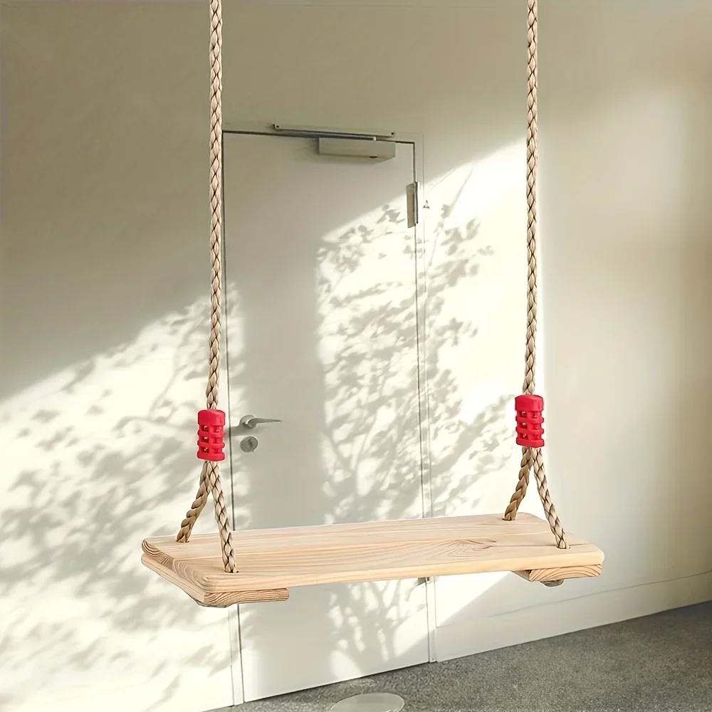 أرجوحة خارجية 1 مقعد خشبي قوي قابل للتعديل، حبال مطاطية حمراء تناسب الشباب والكبار في الفناء الخلفي/الحديقة للاستخدام الترفيهي