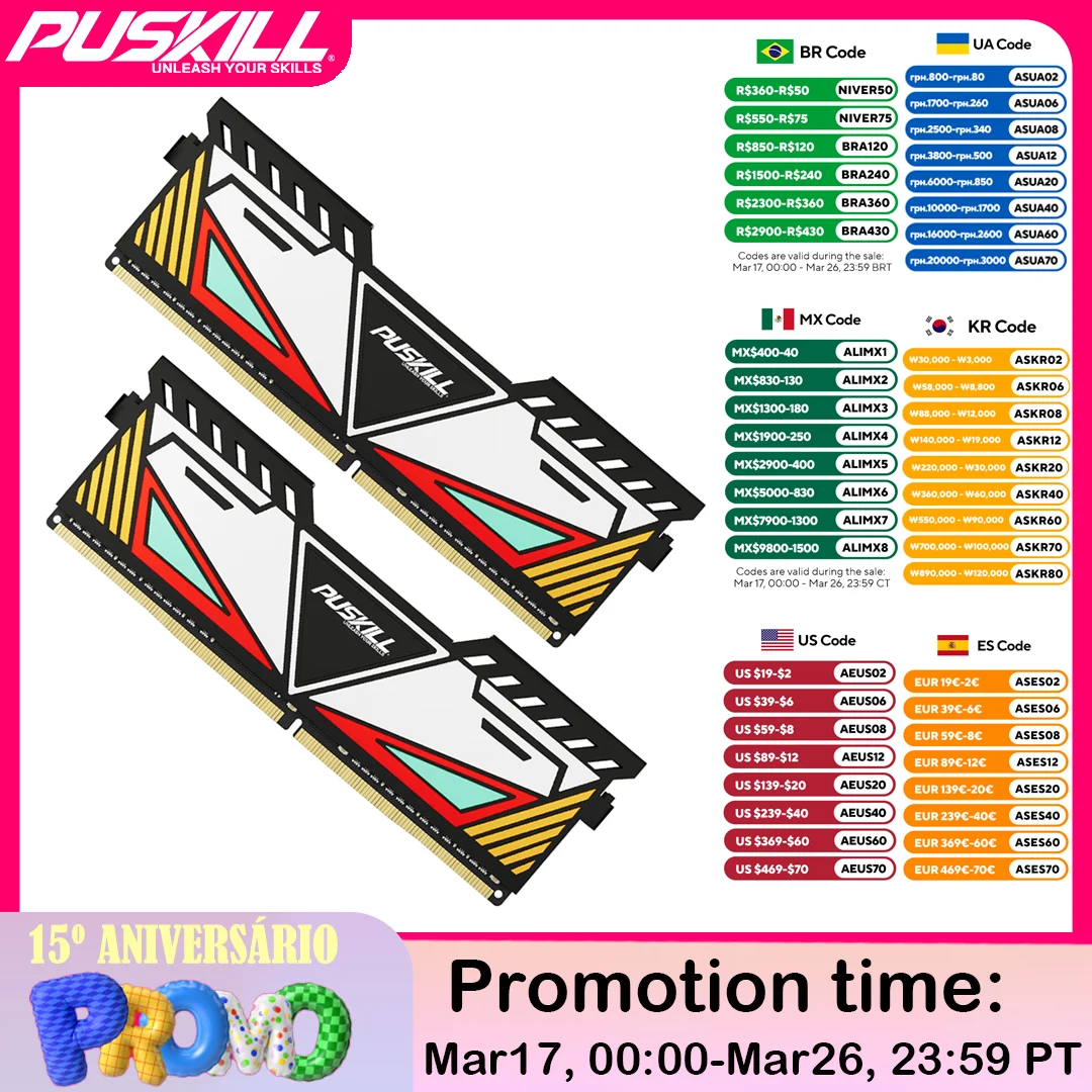 PUSKILL DDR4 DDR3 Memoria Ram 32GB 16GB 8GB 1.2V 3200MHz 2666MHz 1600MHz 1.5V Desktop Cooling Vest Memory