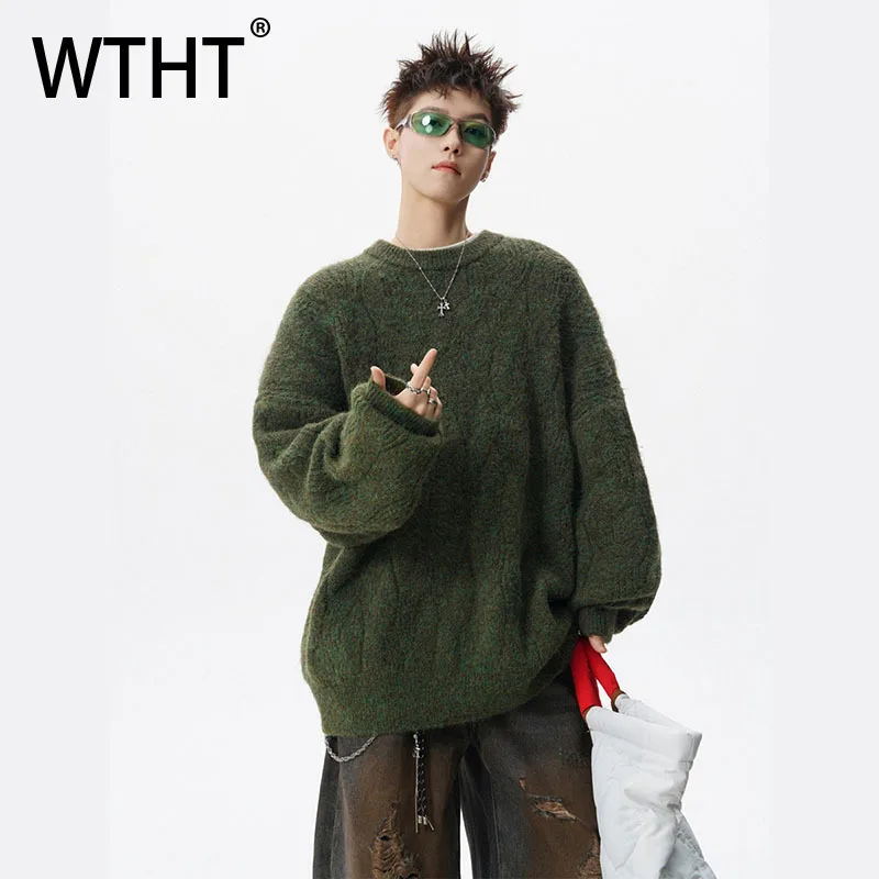 

WTHT мода 2025 осень мужские однотонные вязаные повседневные футболки модный пуловер с круглым воротником и длинными рукавами мужской 2A2242