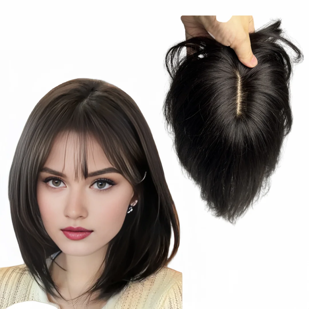 10x12cm T-part Lace Base Hair Toppers for Women Real Human Hair with Bangs Brazilian Clips inHairpiece for Women Cover Hair Loss