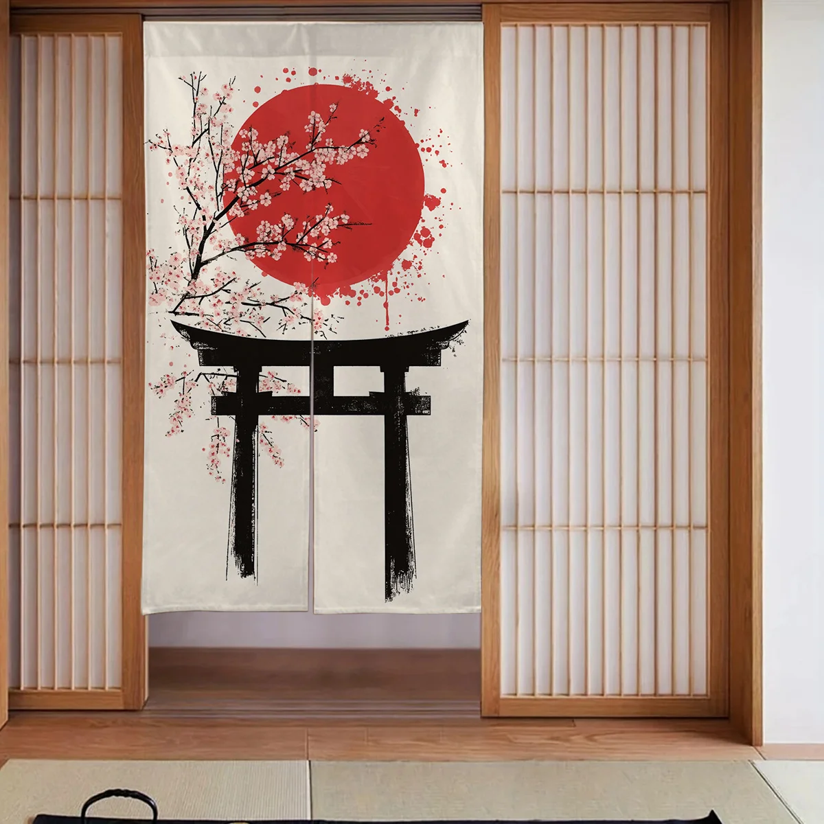 Japanese Torii Cherry Blossom Door Curtain - Traditional Scenic Motif Room Divider Privacy Drape for Kitchen Bathroom