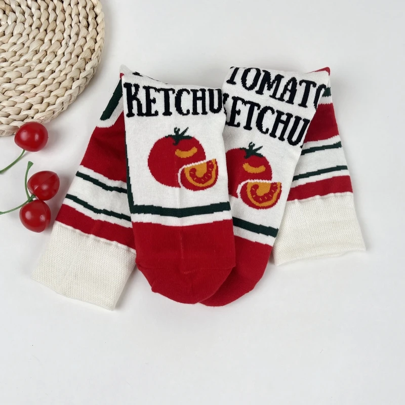 1 Pair Funny Tomato Ketchup Printed Mid-Calf Men Socks Suit In All Seasons