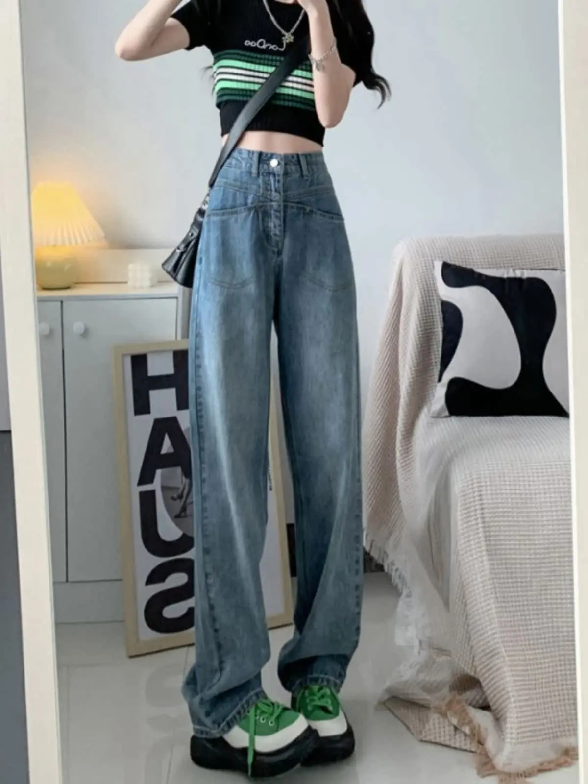 

High Waist Draping Women's Jeans Spring Autumn plus Size Straight Leg Loose Long Trousers Slimming Trendy Blue Denim Pants