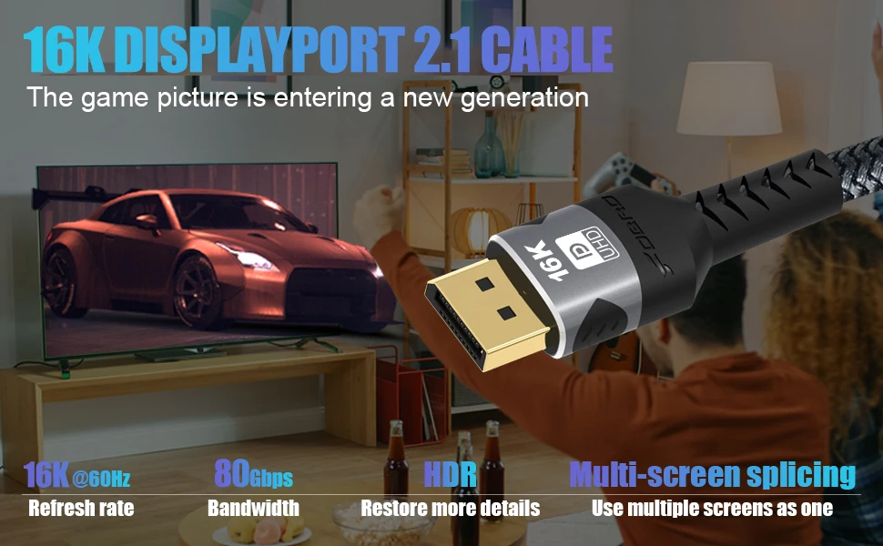 DisplayPort-Kabel 16K DP 2.1 Kabel 16k@30Hz 8K@60Hz, 4K@144Hz, HBR3-Unterstützung 80Gbps, HDCP 2.2, HDR10 für Gaming-Monitor Grafikkarte PC – Detail 10